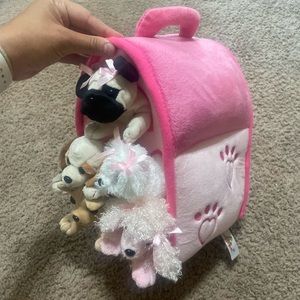 Unipak 12" Plush Pink Dog House Carrying Case with Five (5) Stuffed Animal Dogs